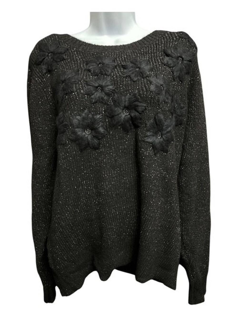 Liz Claiborne XXL Sweater Elegant Black 3D Floral Shiny Threads Crew Neck Women